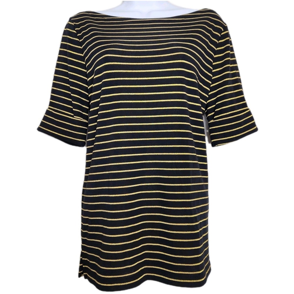 Lauren Ralph Lauren Boat Neck Top Size XL Black Gold Striped Shirt Cuffed Sleeve